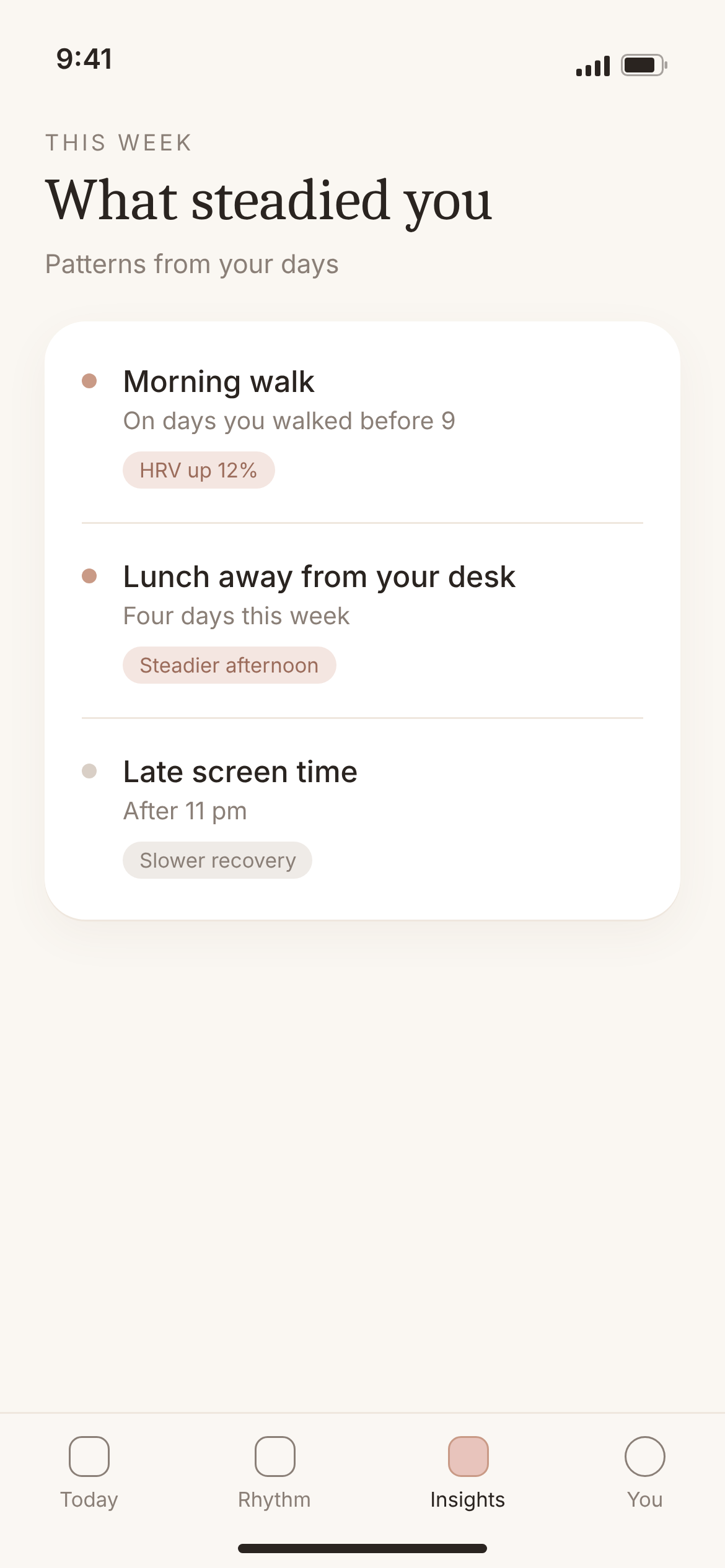Juni app What steadied you screen listing activities that affected HRV