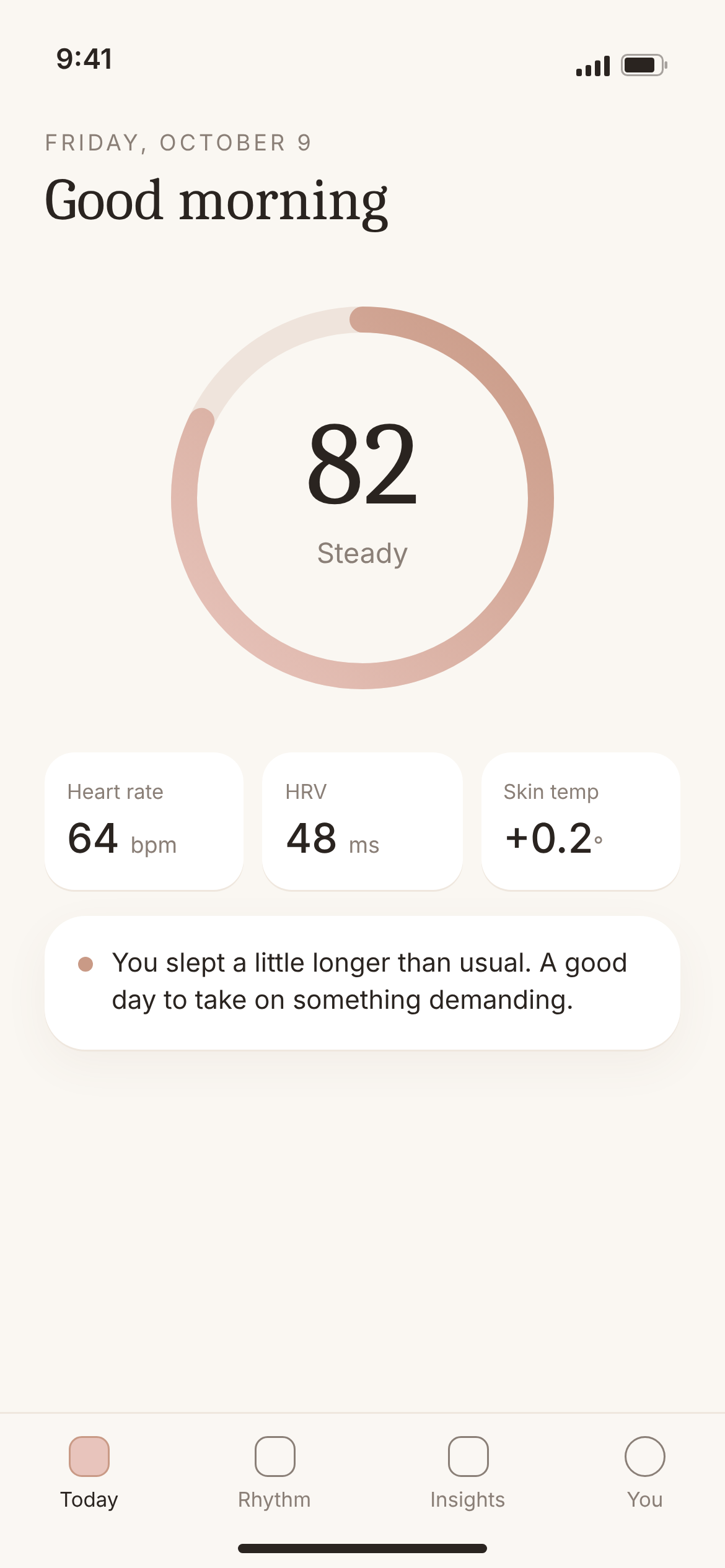 Juni app Today screen showing a readiness score with heart rate, HRV and skin temperature